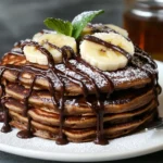 A stack of easy banana chocolate pancakes topped with banana slices, drizzled with melted chocolate, and sprinkled with powdered sugar.