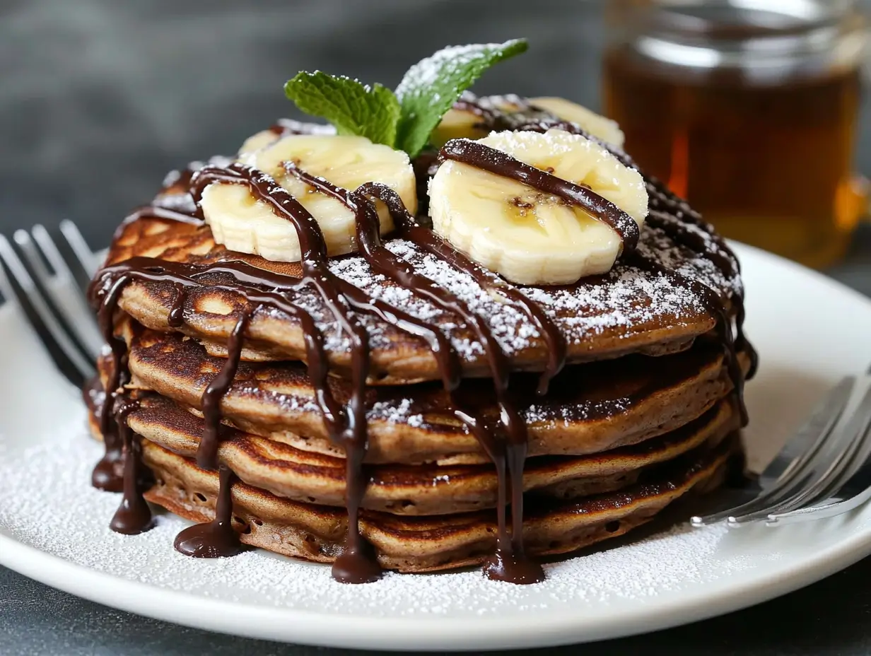 A stack of easy banana chocolate pancakes topped with banana slices, drizzled with melted chocolate, and sprinkled with powdered sugar.
