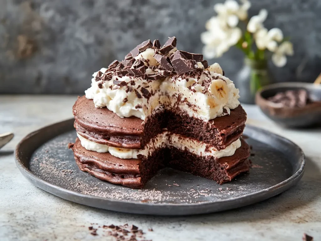 A stack of Easy Banana Chocolate Pancakes layered with whipped cream and banana slices, topped with chocolate shavings, and served on a dark plate.