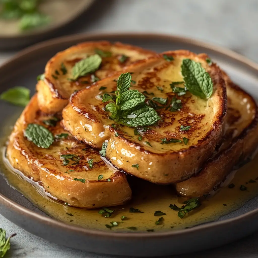 French Toast Without Eggs topped with honey and fresh mint leaves on a plate.