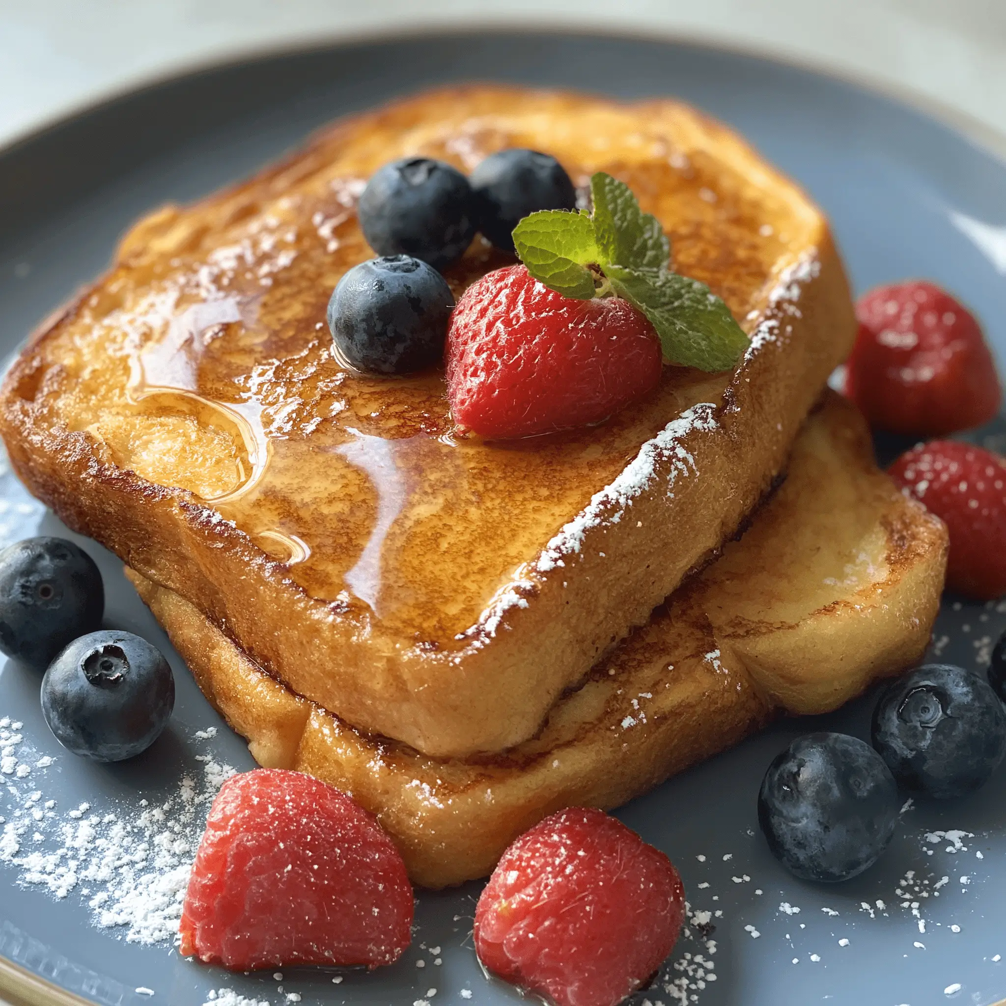 Sourdough French toast topped with fresh strawberries, blueberries, mint, powdered sugar, and drizzled with maple syrup on a gray plate.