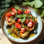 Delicious egg-free French toast topped with fresh strawberries, blueberries, and maple syrup on a rustic plate – easy vegan breakfast recipe.