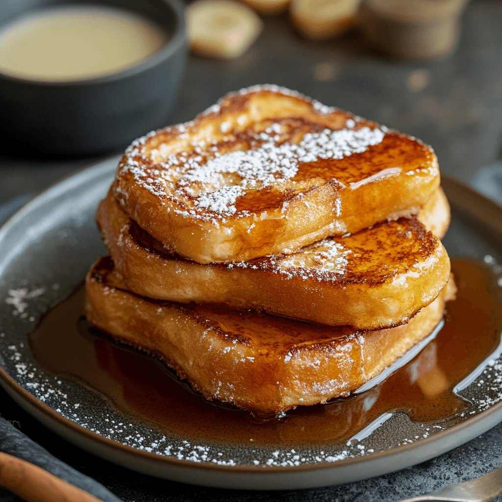 Stack of golden French toast without eggs, topped with powdered sugar and maple syrup, served on a dark plate.