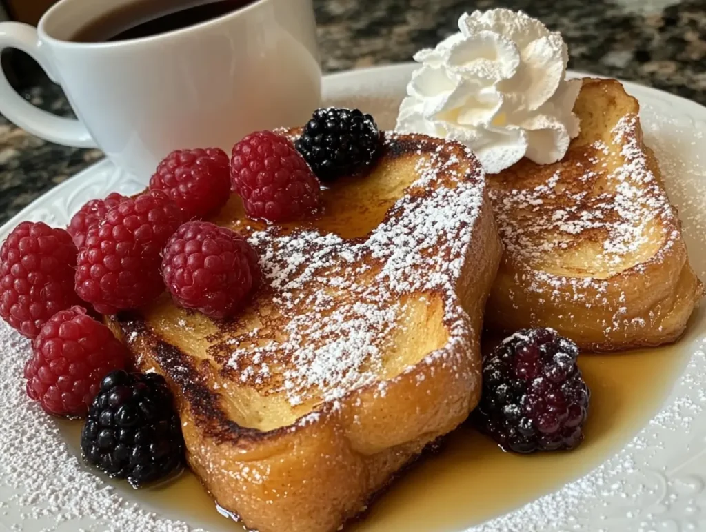 Golden-brown sourdough French toast topped with powdered sugar, fresh raspberries, blackberries, syrup, and whipped cream, served with a cup of coffee.
