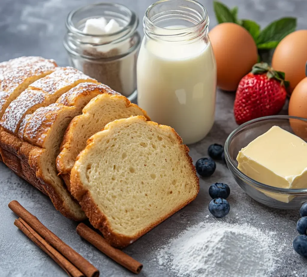 Ingredients for sourdough French toast including sliced sourdough bread, milk, eggs, butter, cinnamon sticks, sugar, and fresh berries.